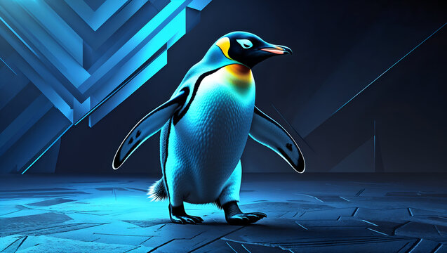 Low-Poly Penguin with Electric Blue Neon Lights and a Cyberpunk Atmosphere