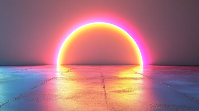 A neon illuminated semi circle shining over a reflective surface