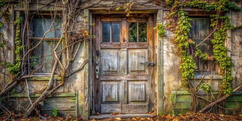 Faded wooden door with broken glass panes and vines crawling up, wild growth
