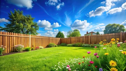A vibrant green lawn with newly cut grass, dotted with a few wildflowers and surrounded by a wooden fence