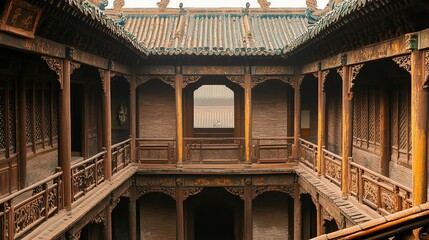 Traditional Chinese Courtyard Architecture with Intricate Woodwork