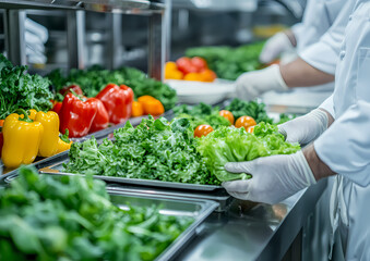 Obraz premium Culinary Precision: Hands-on preparation of fresh ingredients by chef in professional kitchen, vibrant vegetables and careful preparation.
