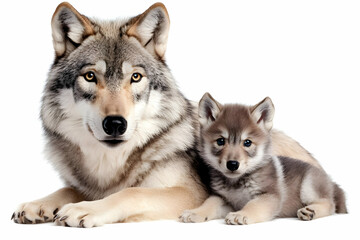 Gray Wolf and its Pup Resting Together on White Background,  Illustrative Animal Photography