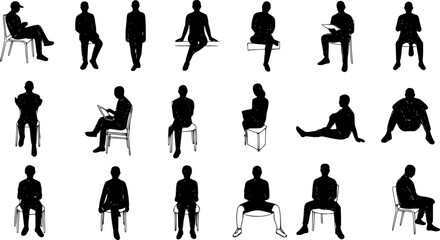 Fototapeta premium Vector illustration, Outline silhouettes of people, Contour drawing, people silhouette, Icon Set Isolated , Silhouette of sitting people, Architectural set
