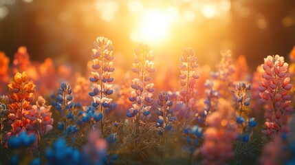Fototapeta premium Beautiful wildflowers blooming during a warm sunset with lovely colors