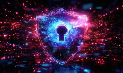 Futuristic Cybersecurity Shield with Virtual Lock in Neon Cyberpunk Style