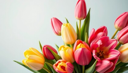 Naklejka premium Bright colorful tulips bouquet, spring birthday card design, red, happy birthday