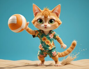 Cat Ready to Serve Volleyball on Beach Wearing Hawaiian Outfit