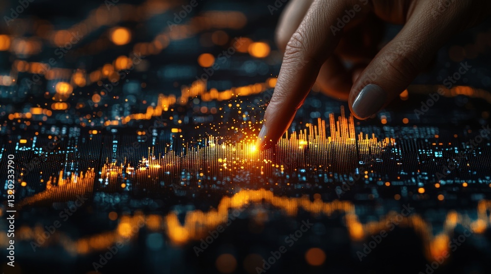 Wall mural human hand pointing towards glowing data on a digital screen