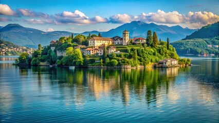 Fototapeta premium Serene lake scenery with Isola San Giulio in the distance, surrounded by lush greenery and a few trees, Italy