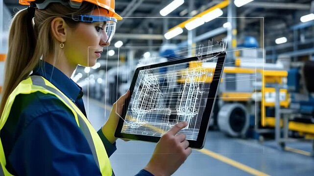 Focused Woman in Safety Gear Examining a Digital Tablet with Augmented Data Overlay in a Bright Industrial Factory Setting Features Yellow and Blue Tones