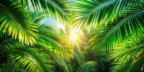 Summer sun shining through lush green palm tree leaves, warm gentle light filtering through tropical foliage, filter, palm trees
