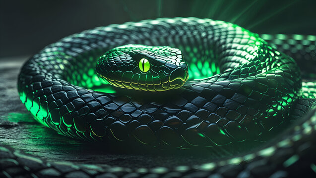 Snake green coiled shining scales on leaf background illustration