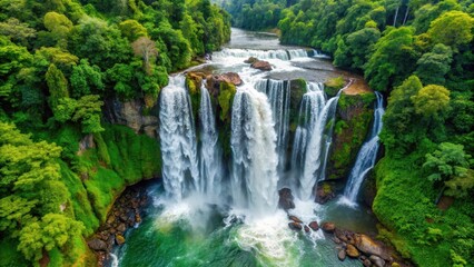 Fototapeta premium Vertical perspective of a colossal waterfall cascading downwards with foamy white waters and lush green foliage surrounding it in the depths of a dense forest, aerial view, nature
