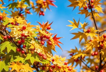 Close-up vibrant yellow maple blossoms, green leaves, & red samaras, bright, foliage