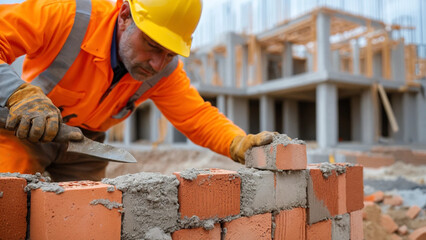 Skilled Bricklayer Building a Sturdy Wall with Precision and Care