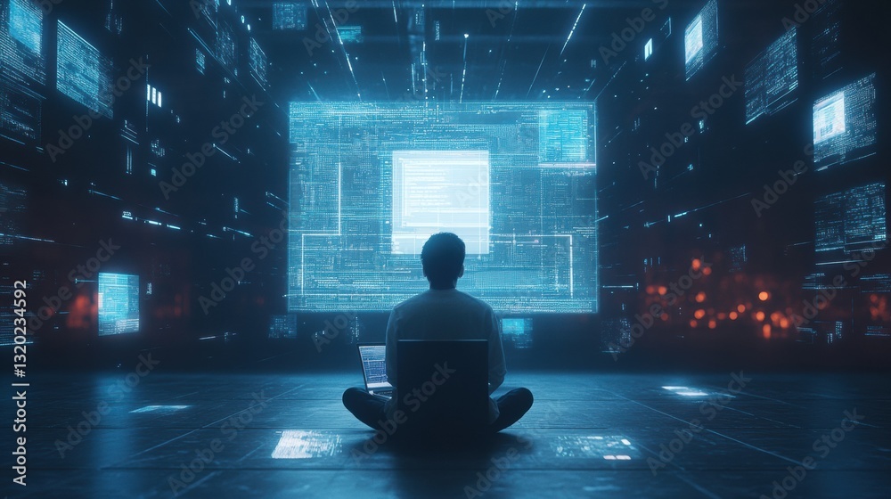 Poster Student engages with AI driven virtual learning environment while seated at laptop in a modern workspace