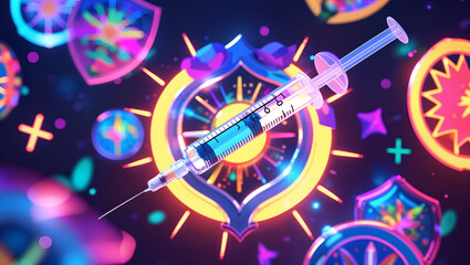 Futuristic Neon Vaccine Syringe with Glowing Clock and Vibrant Virus Particles