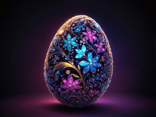 Abstract glow Easter egg richly decorated with diamonds. On a dark background neon color