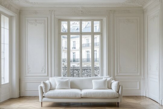 Elegant white sofa in a bright, classic apartment interior.