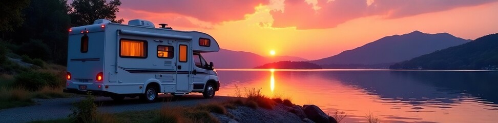 RV parked lakeside, sunset hues reflecting on water, explore, adventure