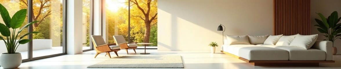 Sun-drenched minimalist living room, airy and spacious, furniture, nordic
