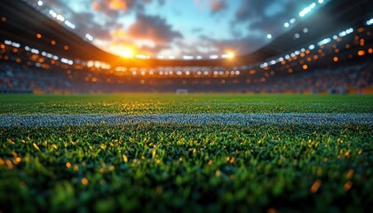 football stadium night illuminated lush green grass field cinematic perspective dramatic lighting