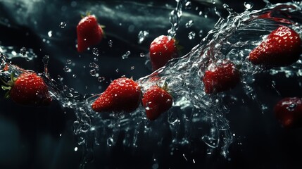 Fresh strawberries in mid-air water splash
