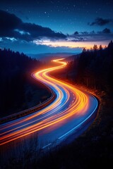 Highway Night Scene with Light Trails Minimalist Art Soft Gradient Sky