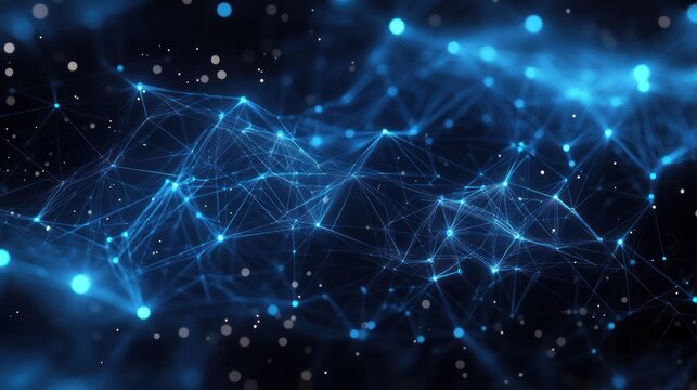 Futuristic Digital Network Abstract Artwork with Neon Blue Nodes and Lines in Dark Navy Background