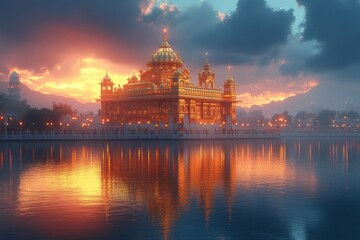 Fototapeta premium Evening View of Golden Temple Reflecting on Water in Amritsar India