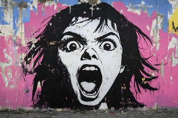 A large-scale street art mural depicts a girl with wide eyes and an open mouth screaming, against a pink and blue graffiti wall background.