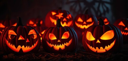 Fototapeta premium Glowing carved pumpkins with sinister grins, demonic eyes, and wicked smiles in spooky Halloween night darkness, evil, horror