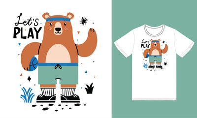 Cute bear holding basketball illustration with tshirt design vector
