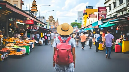 Fototapeta premium Woman with red backpack walks through a bustling Asian market street, past vibrant shops and food stalls, under a sunny sky.