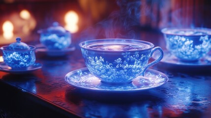 Fototapeta premium Steaming Teacup and Tea Set in Blue Hues