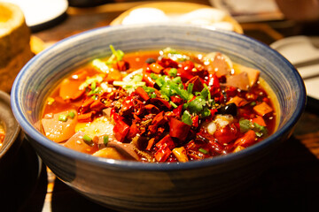 Chinese-style spicy duck blood and offal hot pot （Mao Xue Wang）