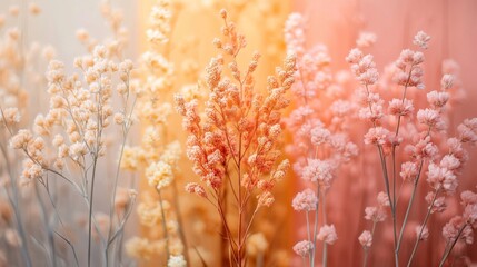 Delicate branches of dried flowers displayed with soft color tones