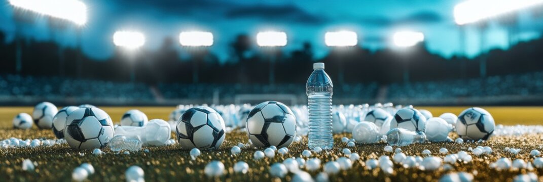 Soccer equipment arranged on stadium field under bright lights capturing the energy of the game - Powered by Adobe