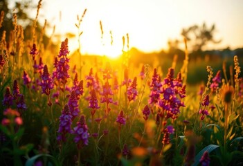 Golden hour illuminates vibrant wild herbs, bathed in warm light, serene nature, sunlight, countryside