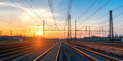 Sunset Over Railway Tracks with Industrial Silhouettes and Serenity in an Expansive Urban Landscape