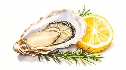 Fresh Oyster with Lemon and Rosemary: A close-up illustration of a fresh, plump oyster, presented on a bed of rosemary sprigs, accompanied by a slice of lemon.