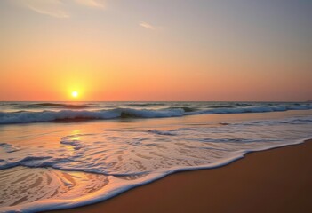 Obraz premium Golden hour sun sets over tranquil ocean waves on sandy beach, view, sky