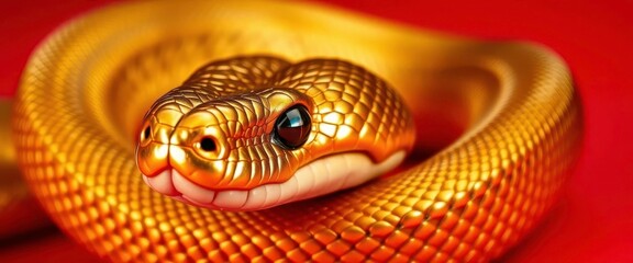 Golden snake close-up, scales gleaming, red backdrop, photography, beauty