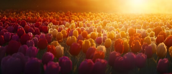 Obraz premium Vibrant Field of Multicolored Tulips Basking in Sunlight A Lush Scenic Landscape of Blooming Flowers Under Warm Contemporary Cinematic Lighting