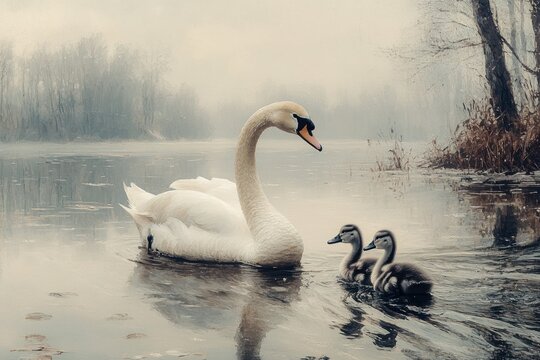 Cygnet and Swan at Serene Lakeside in Lesnoy Curonian Lagoon Russia