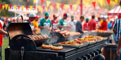 Grilling burgers & hot dogs at a vibrant American football tailgate party Team colors abound, table, sports