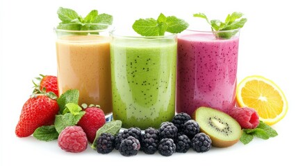 Vibrant Smoothies with Fresh Ingredients on White Background
