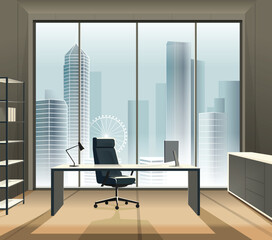 Office room in high-rise building with big window overlooking big city