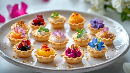 Obraz premium Colorful miniature tarts arranged on a plate, showcasing various fillings and edible flowers
